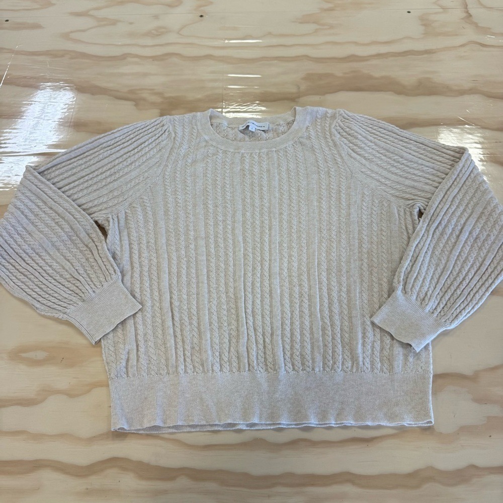 White + Warren Knit Lightweight Linen Blend Beige Cable Knit Crew Neck Sweater L